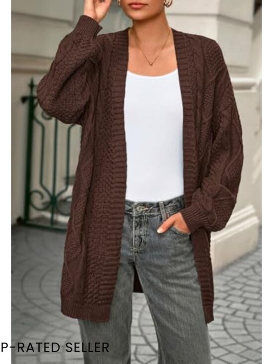 Oversized Cable Knit Cardigan Chunky Lantern Sleeve Open Front Sweater Cozy - Picture 3 of 7